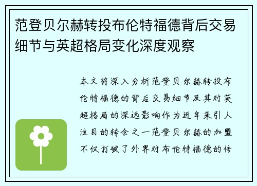 范登贝尔赫转投布伦特福德背后交易细节与英超格局变化深度观察